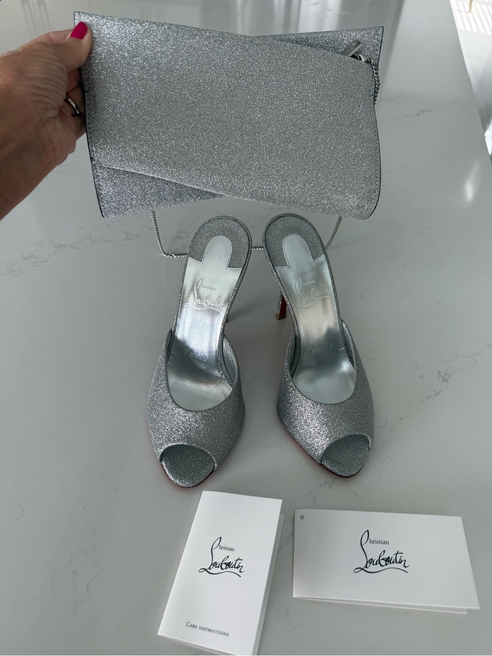 Christian Louboutin Silver Glitter Peep-Toe Mules with Red Soles - Picture 4 of 11